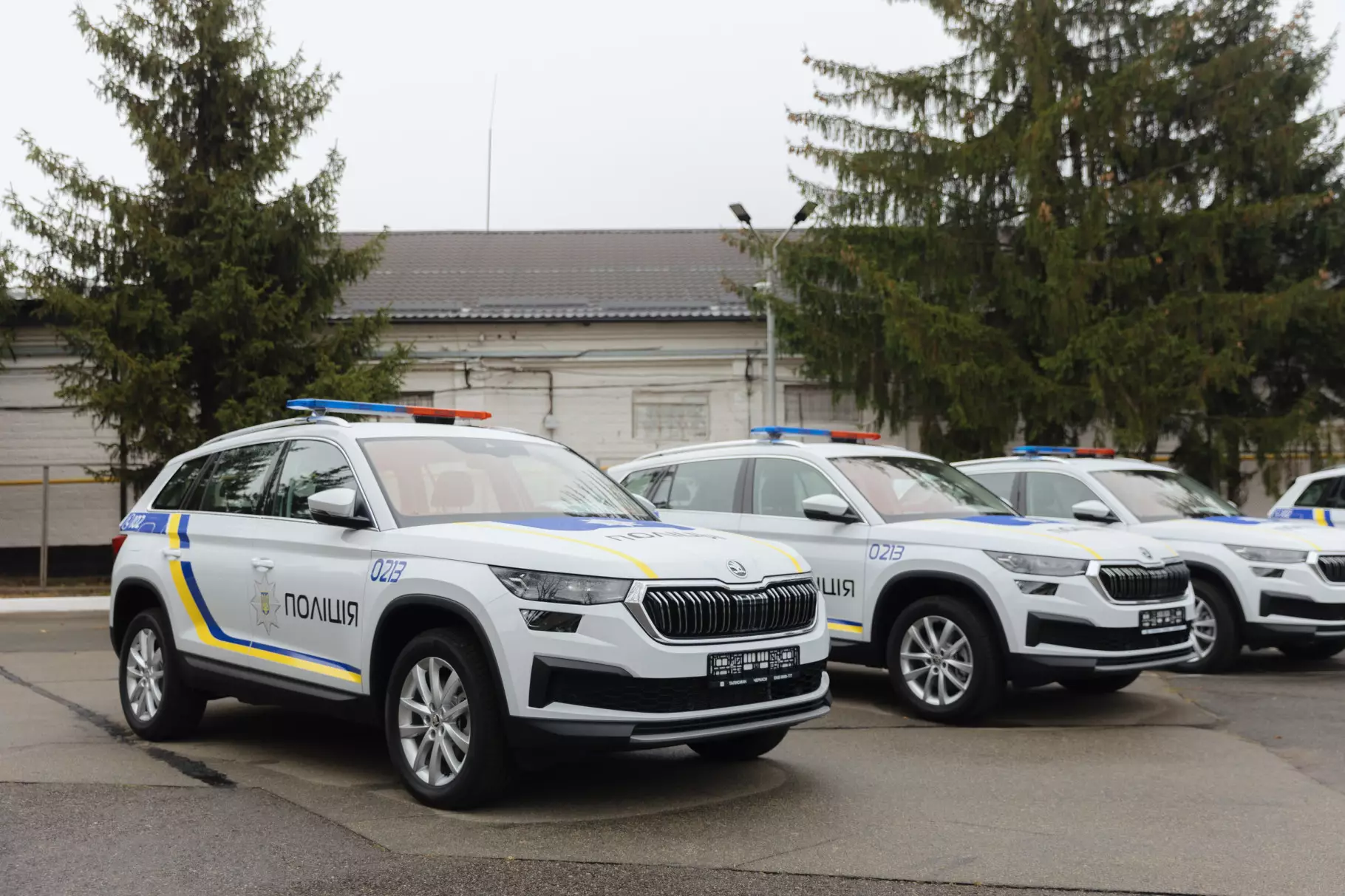 Ряд білих поліцейських автомобілів Skoda з написом Поліція на стоянці